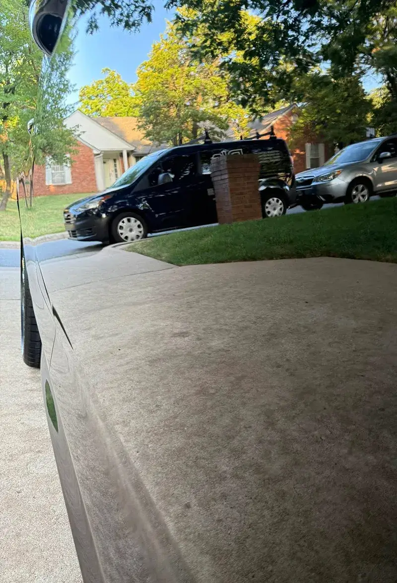 Reflection of DL Fine Auto van on side of vehicle